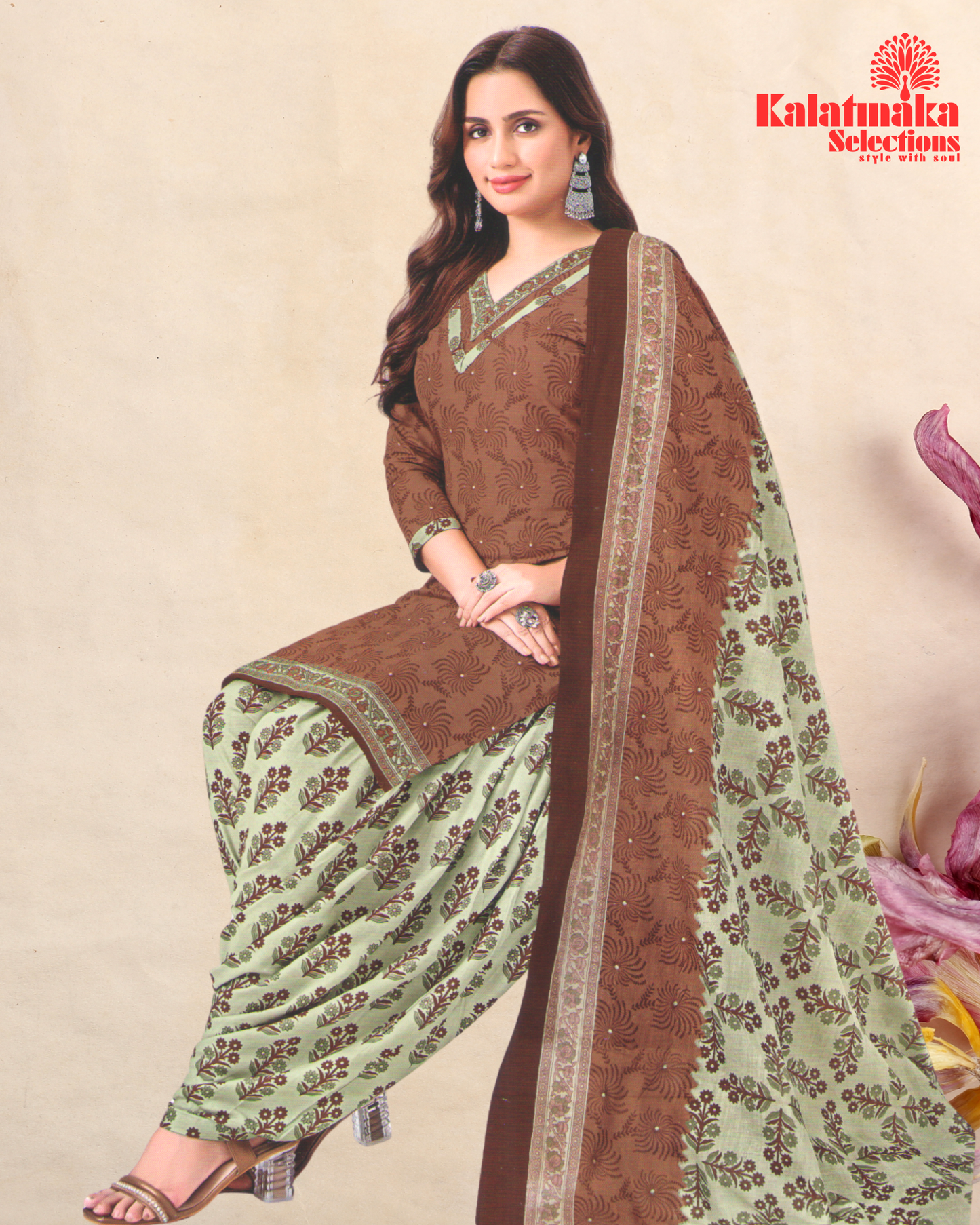 Brown and Grey Yellow Pure Cotton Dress Material