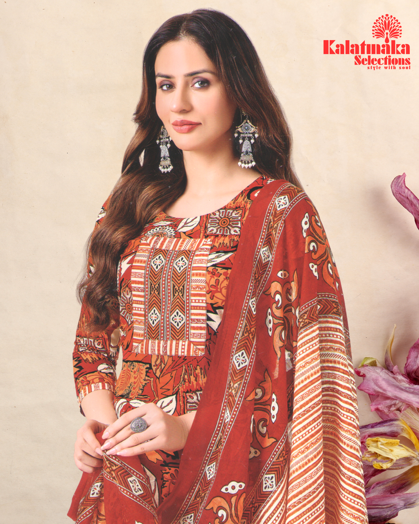 Brick Color Pure Cotton Dress Material