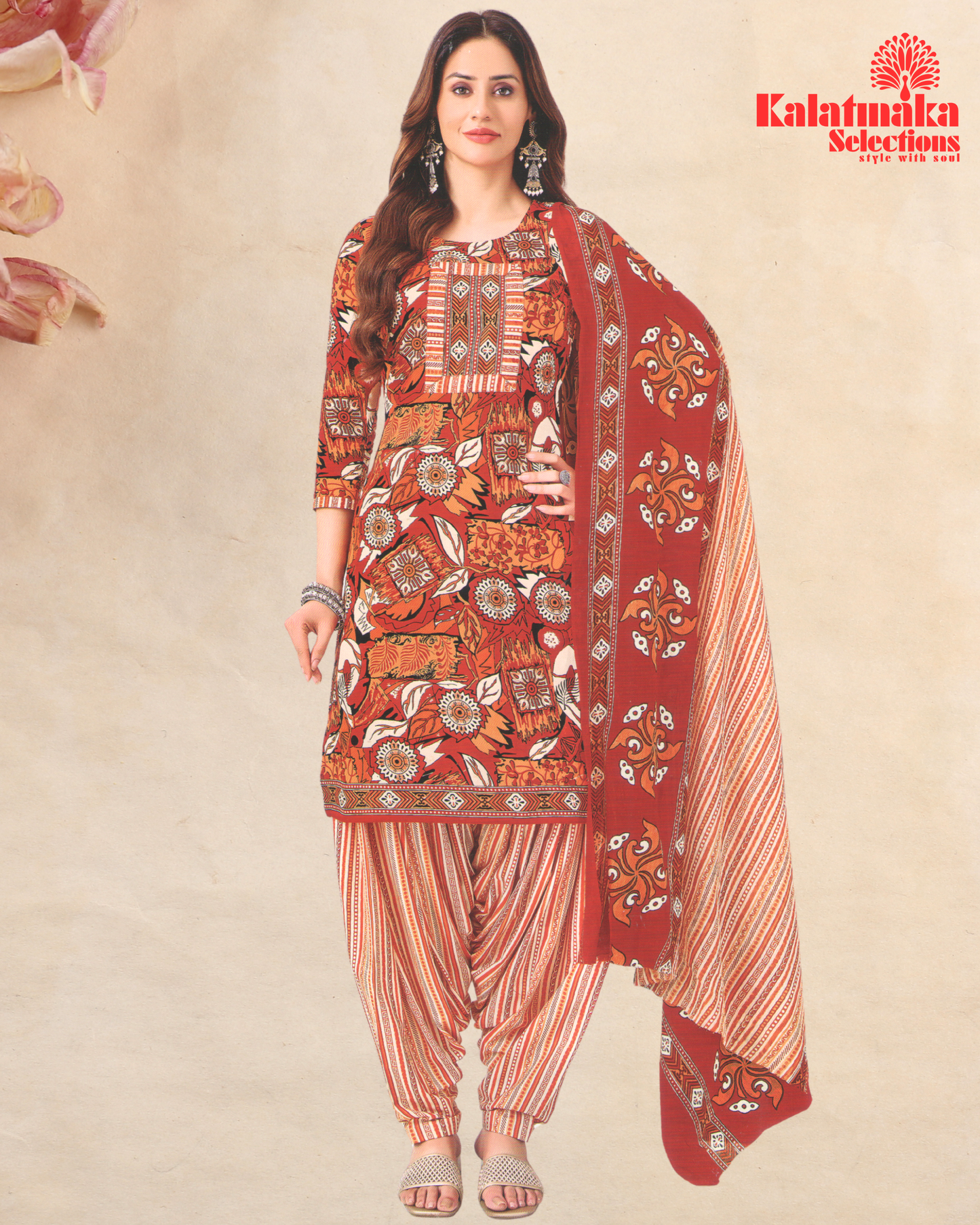 Brick Color Pure Cotton Dress Material
