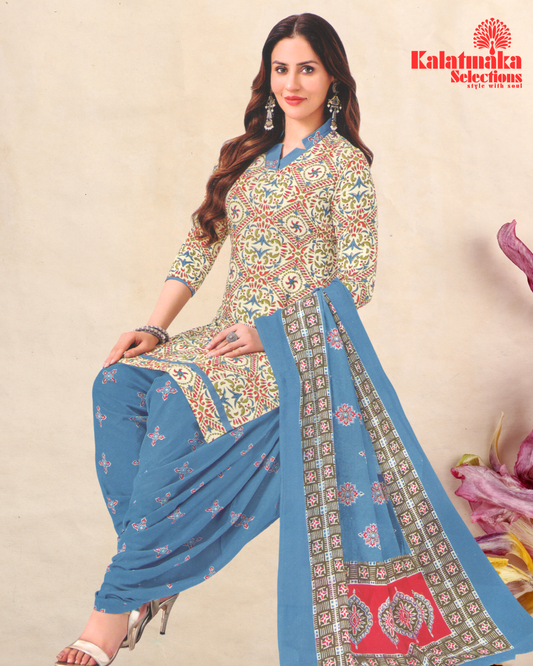 Light Yellow and Blue Color Pure Cotton Dress Material