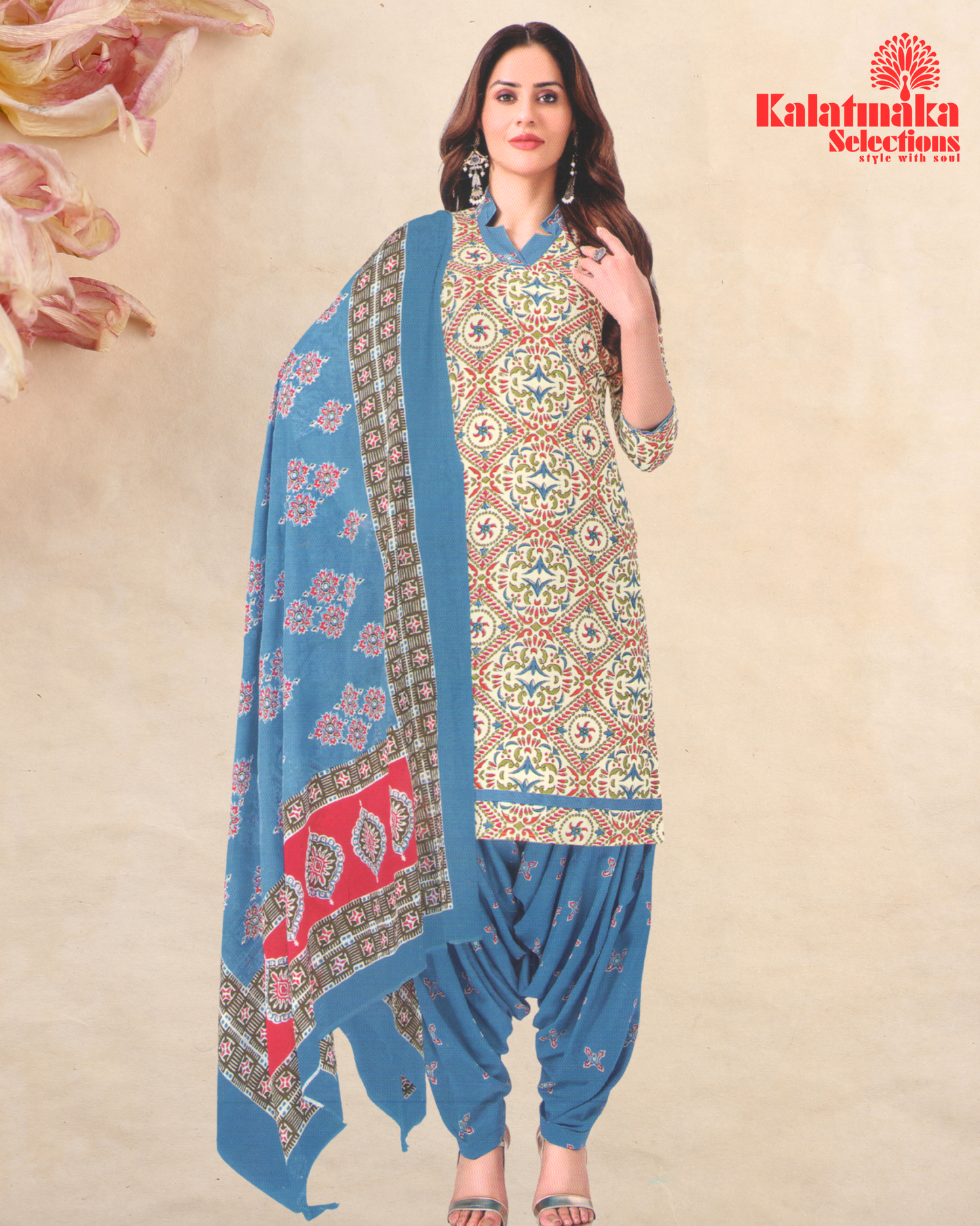 Light Yellow and Blue Color Pure Cotton Dress Material