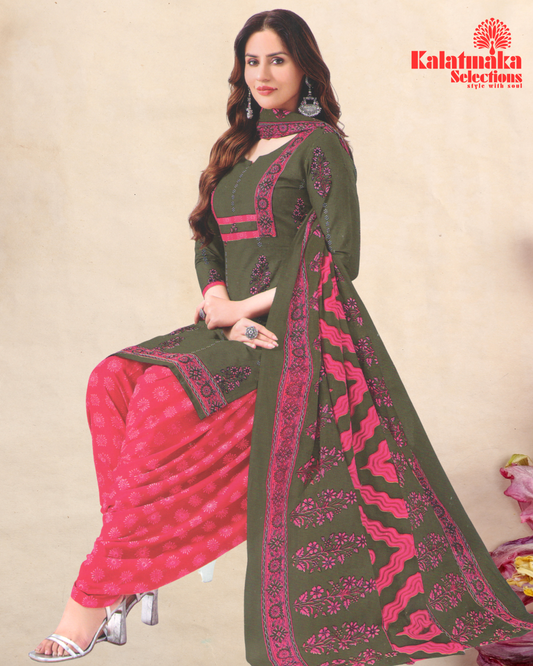 Moss Green and Raspberry Pink Color Pure Cotton Dress Material