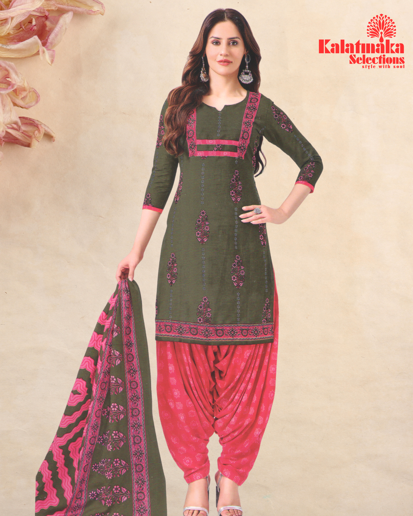 Moss Green and Raspberry Pink Color Pure Cotton Dress Material