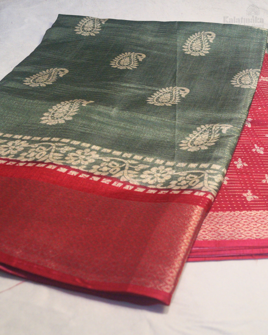 Smokey Green Printed Banaras Silk with Zari Border and all over Zari Check