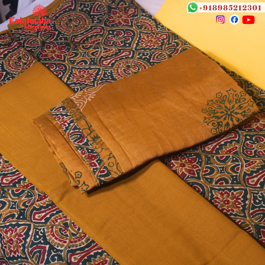 Green and Red Kalamkari Printed Dress Material with Mirrors and Mustard Bottom