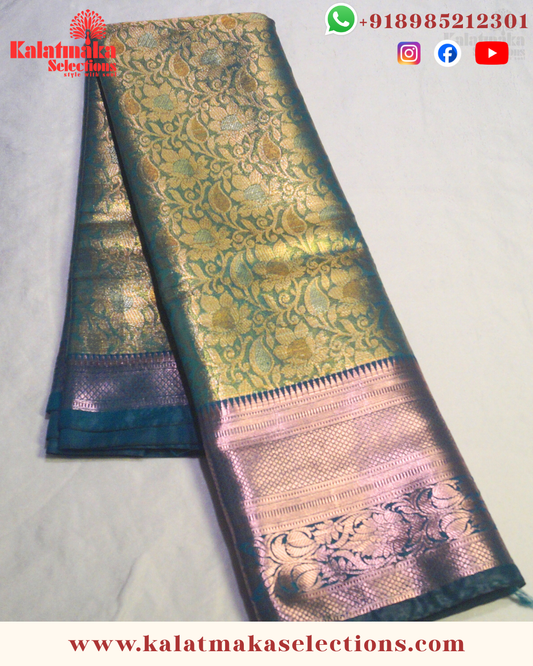 Green Kanchipattu Saree with All Over Golden Zari and Copper Border with Blouse