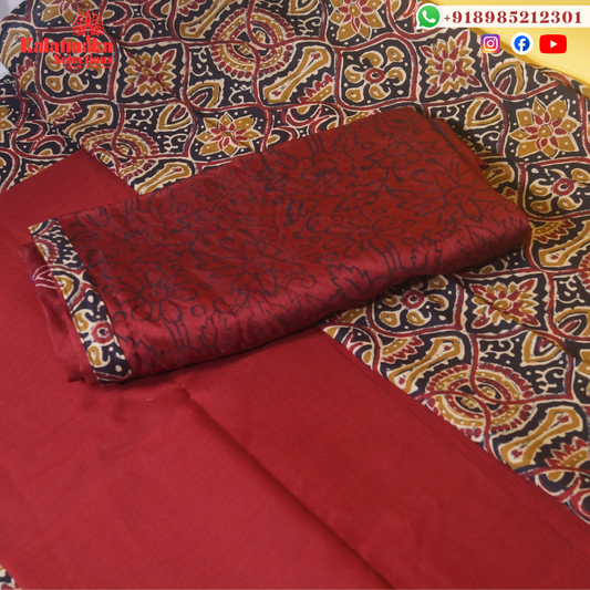 Cream and Black Kalamkari Printed with Mirrors Dress Material with Red Bottom