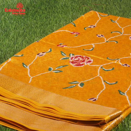 Yellow Printed Zakkard Silk Saree