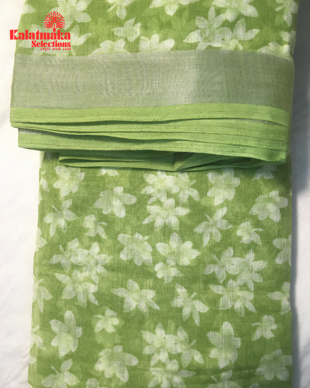 Green Floral Design Linen Fancy Saree