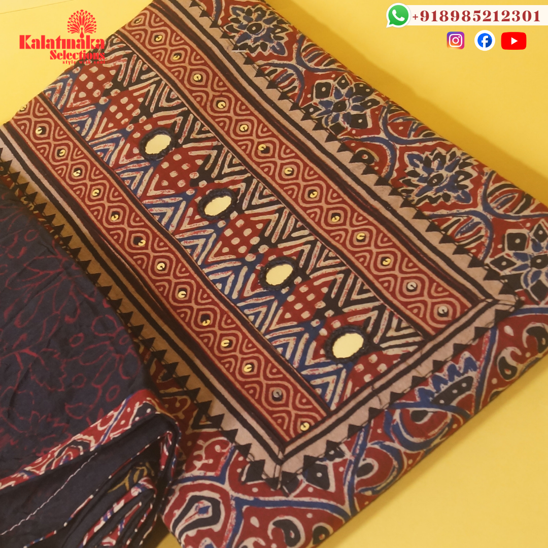 Red and Cream Kalamkari Printed with Mirrors Dress Material and Black Bottom