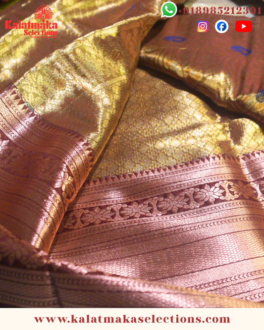 Copper Color Kanchi pattu saree with all over golden zari and cooper border with blouse