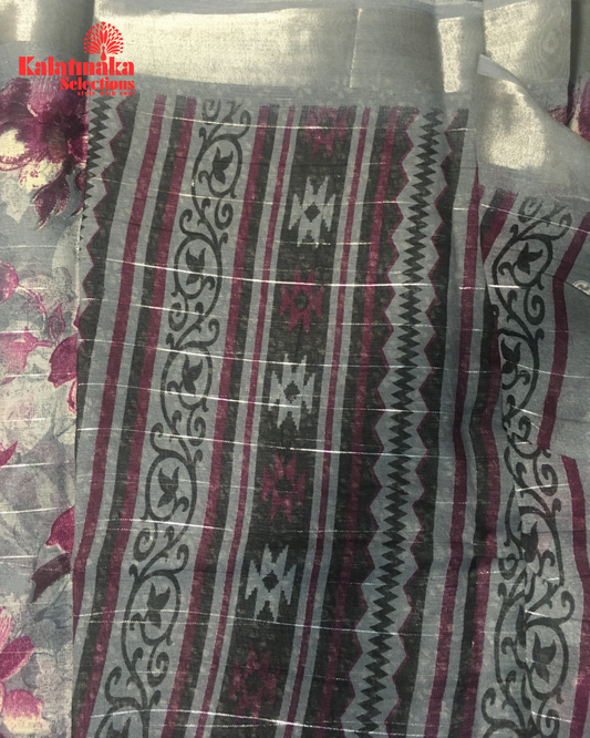Silver Floral Design Linen Fancy Saree