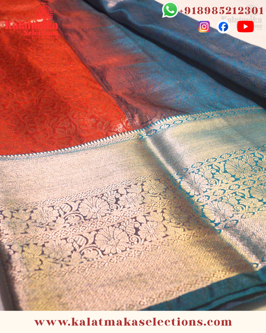 Red Color Kanchi pattu saree with all over golden zari and cooper border with blouse