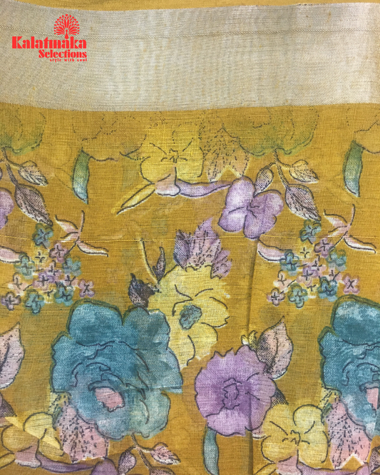 Mustard Floral Design Linen Fancy Saree