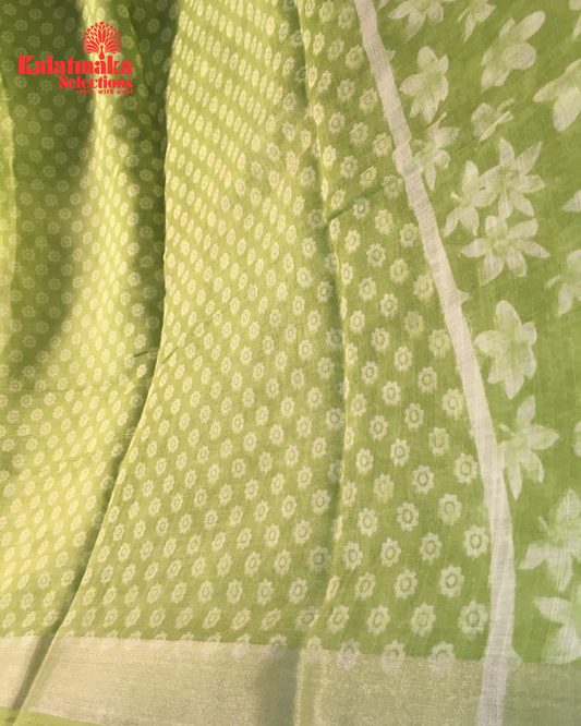 Green Floral Design Linen Fancy Saree