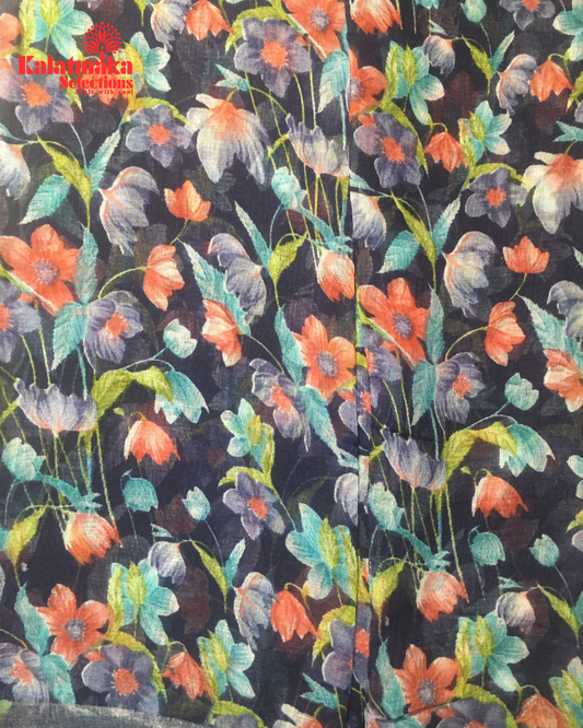 Navy Blue Floral Design Linen Fancy Saree