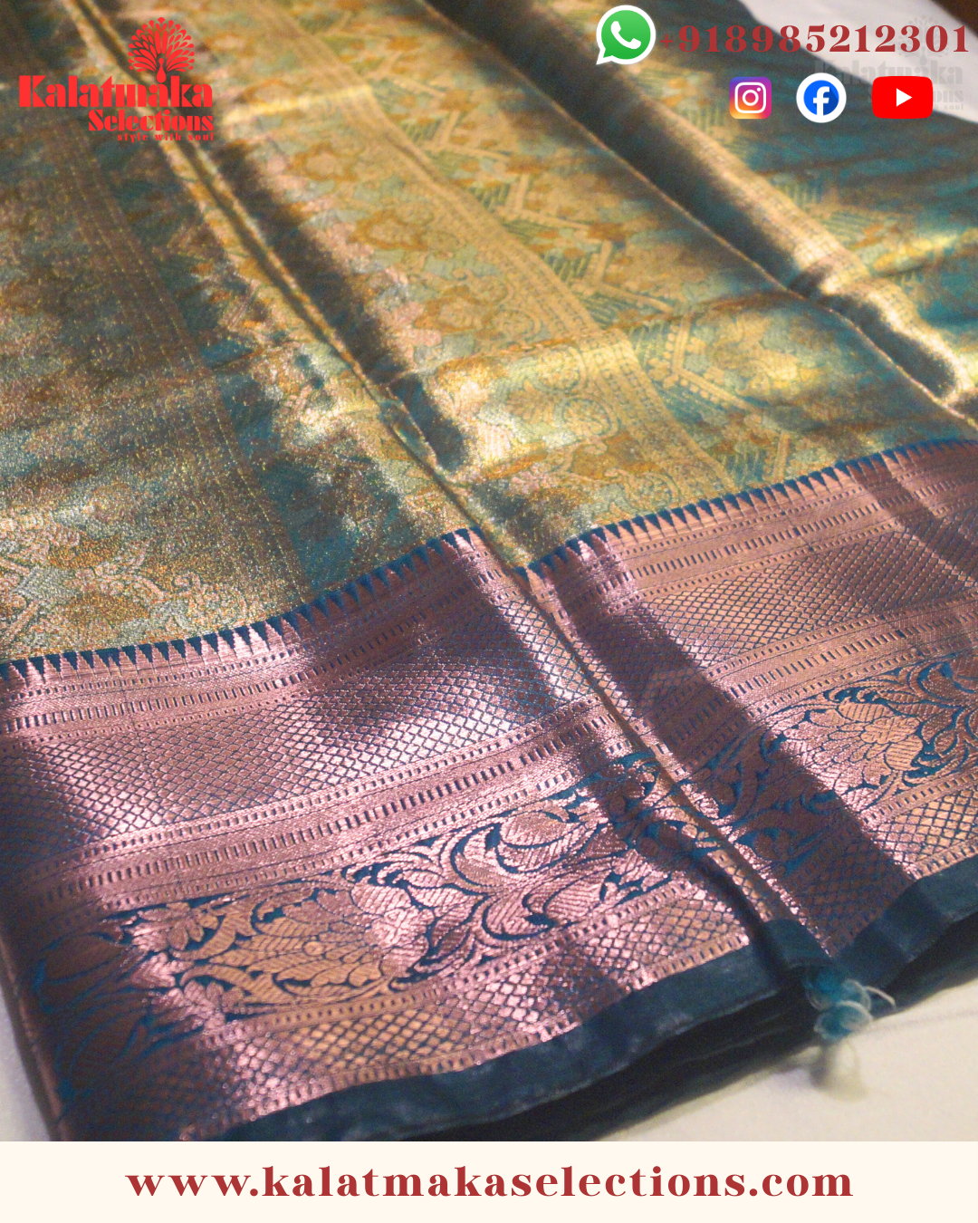 Green Kanchipattu Saree with All Over Golden Zari and Copper Border with Blouse