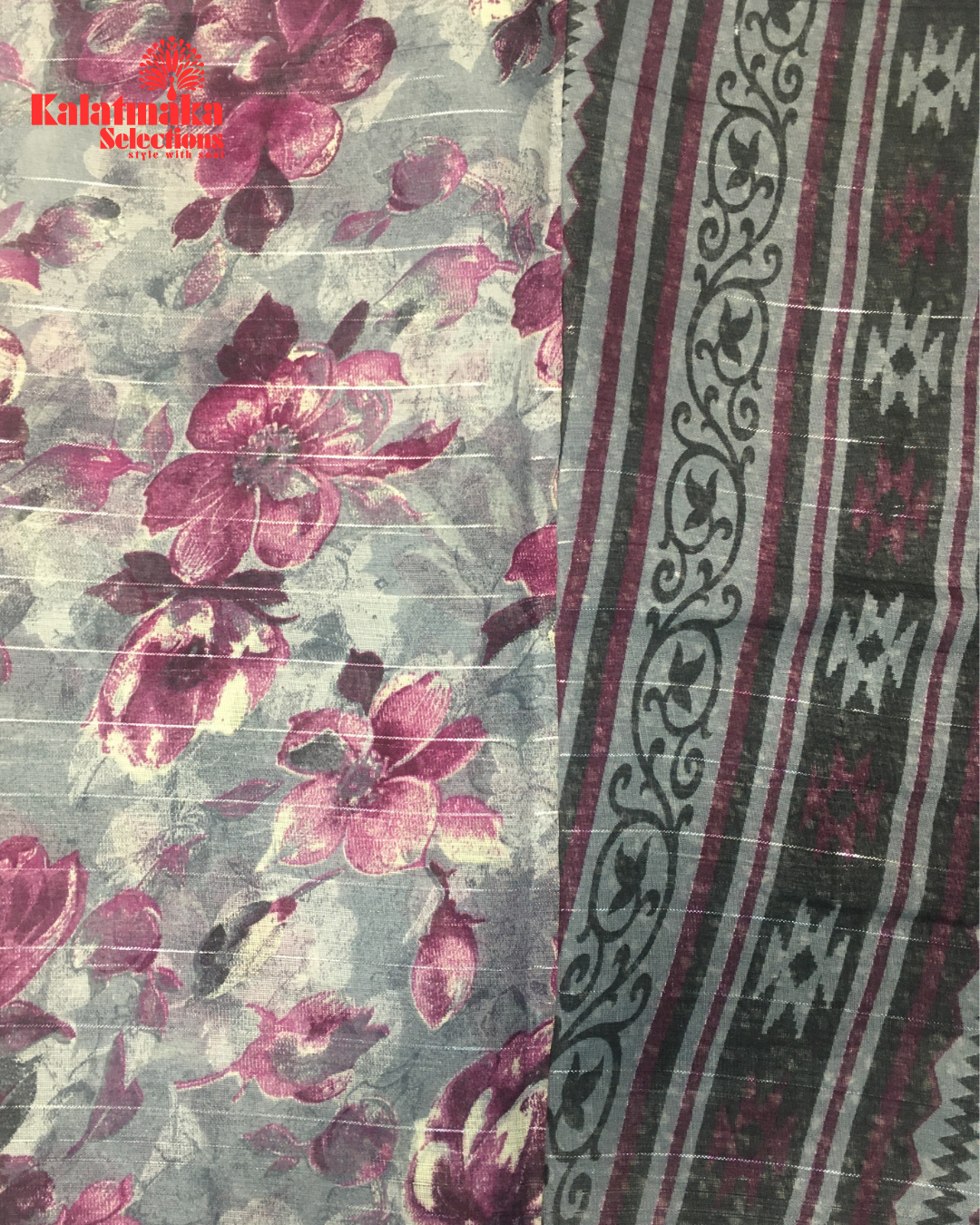 Silver Floral Design Linen Fancy Saree