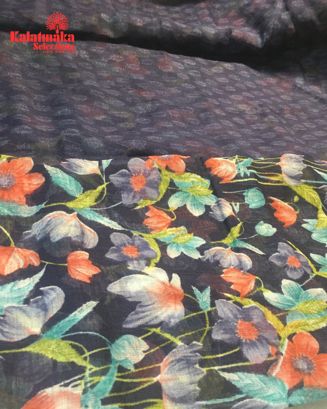Navy Blue Floral Design Linen Fancy Saree
