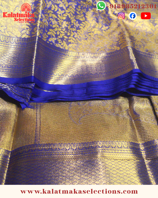 Blue Kanchi padia pattu saree with bridal design and contrast matching border