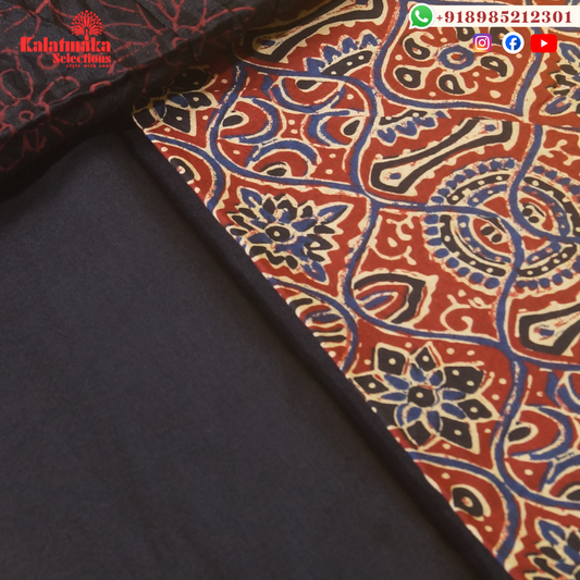 Red and Cream Kalamkari Printed with Mirrors Dress Material and Black Bottom