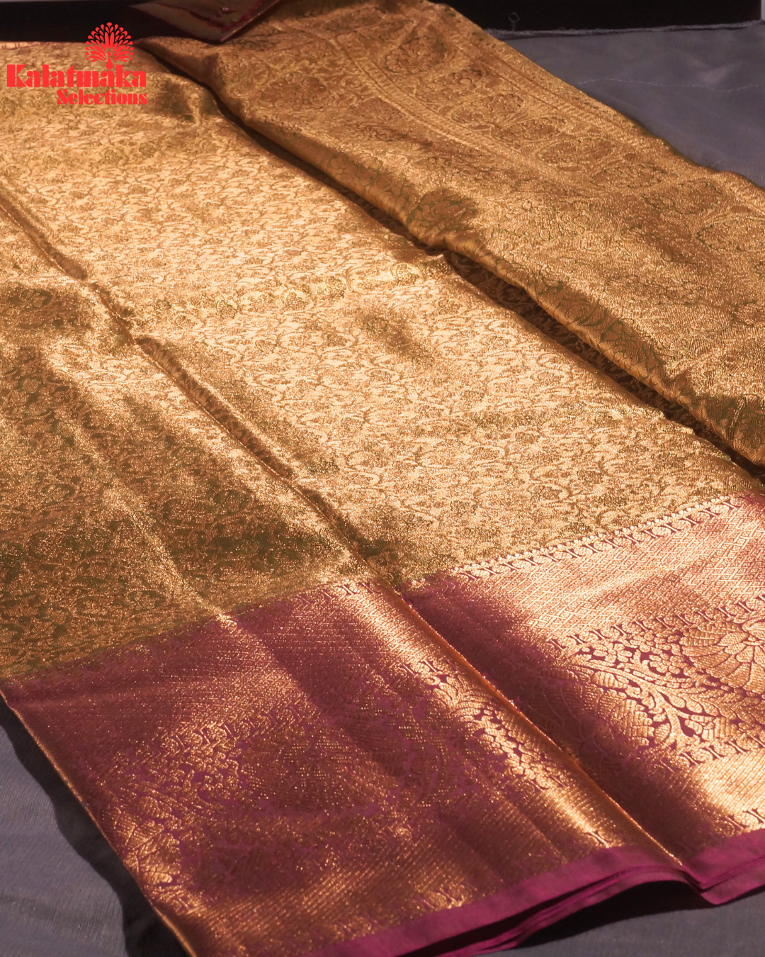 Green with Golden Work and Purple Border Padia Pattu Saree
