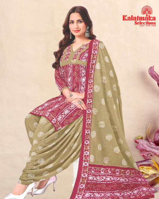 Olive Green and Pink Pure Cotton Dress Material