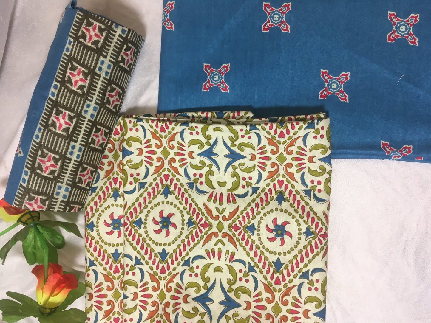 Light Yellow and Blue Color Pure Cotton Dress Material