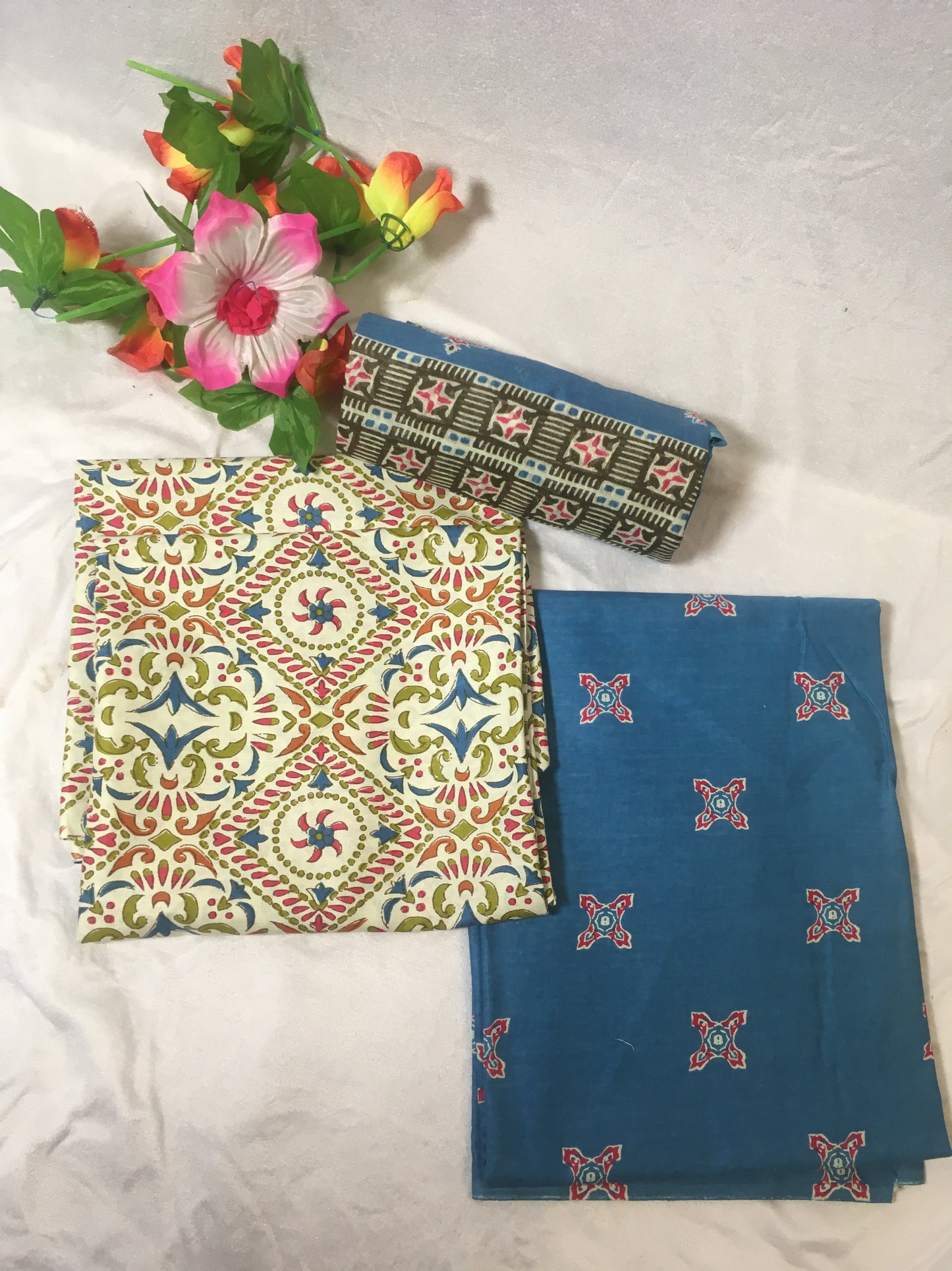 Light Yellow and Blue Color Pure Cotton Dress Material