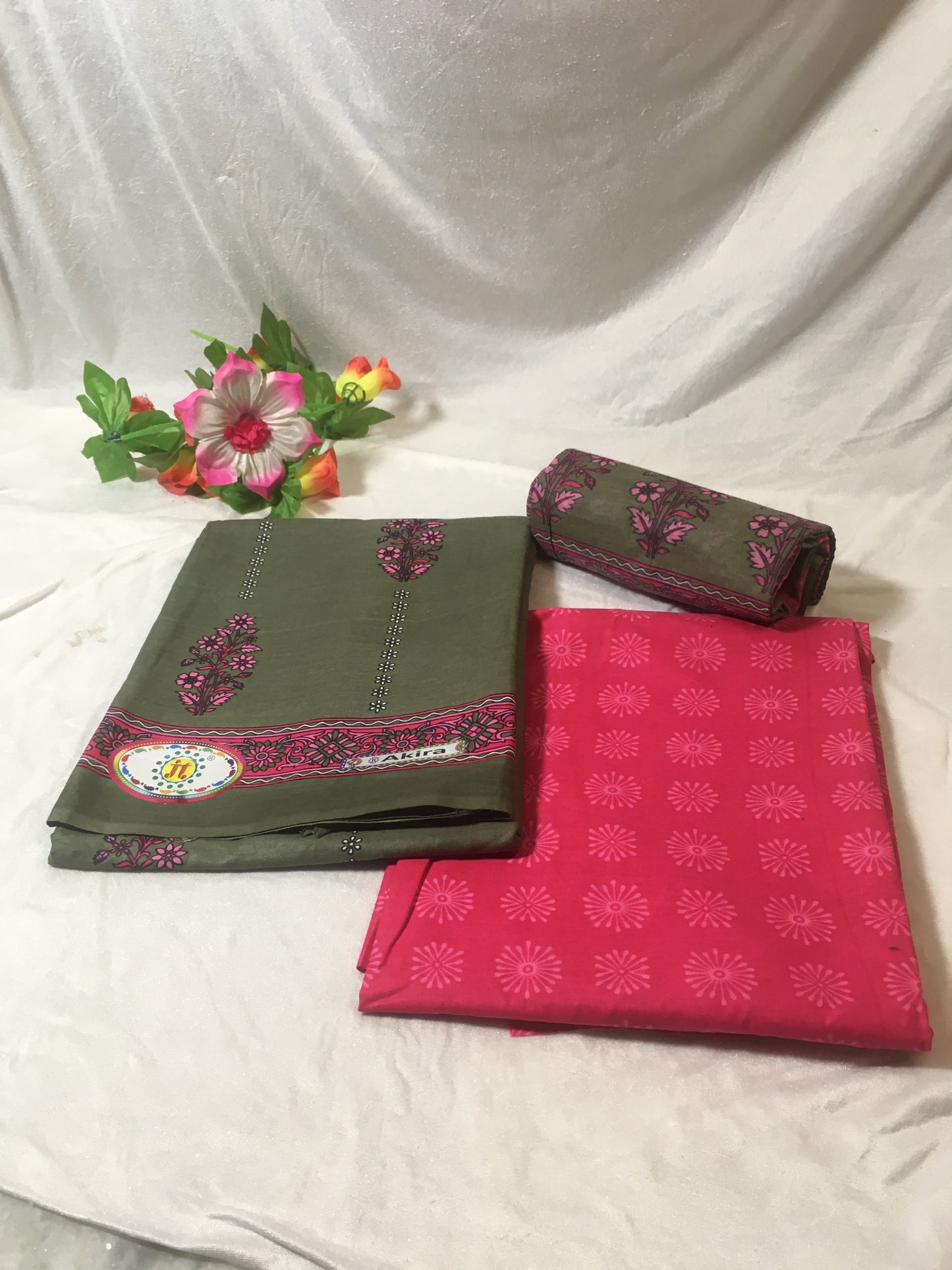 Moss Green and Raspberry Pink Color Pure Cotton Dress Material