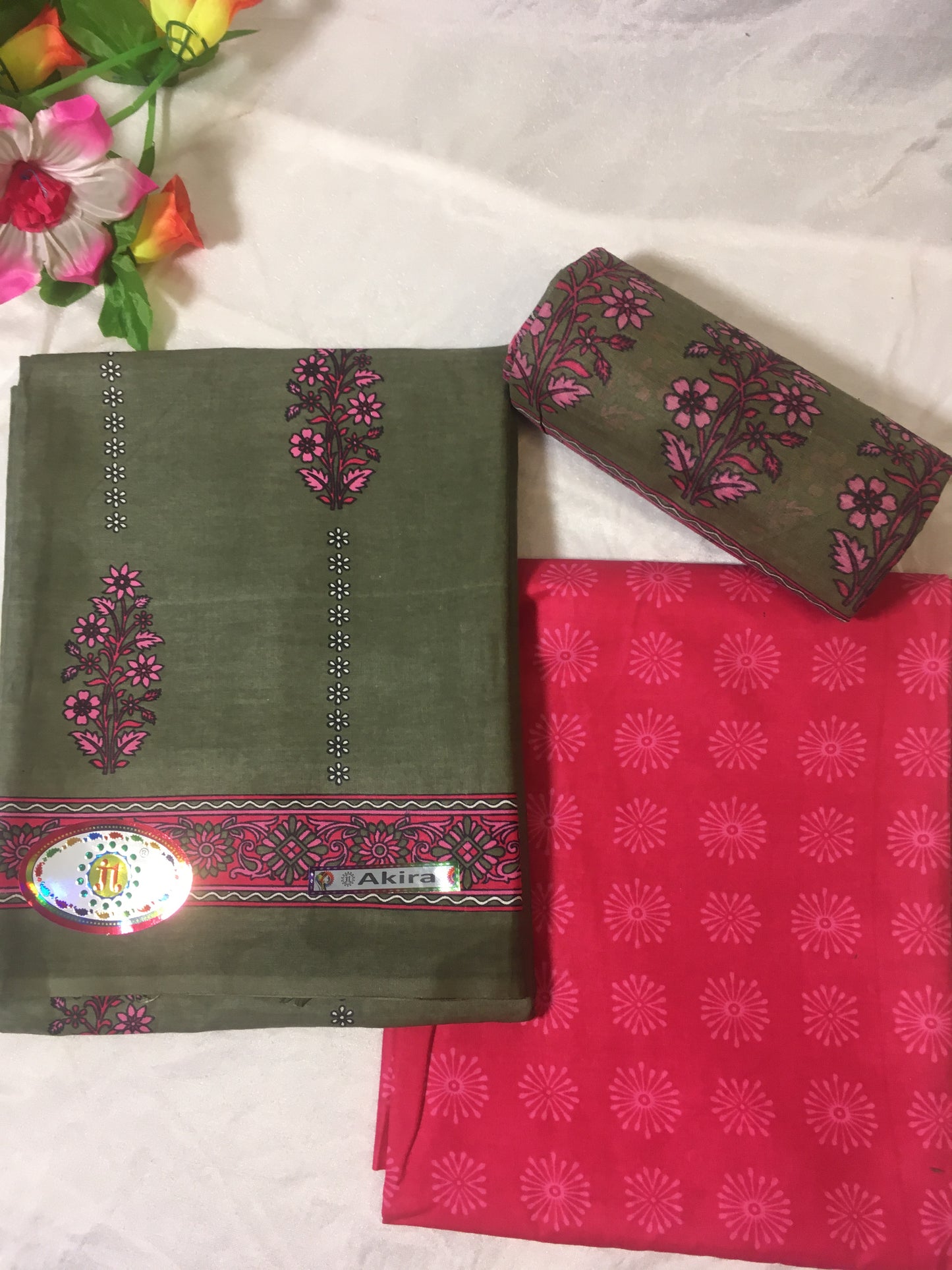 Moss Green and Raspberry Pink Color Pure Cotton Dress Material