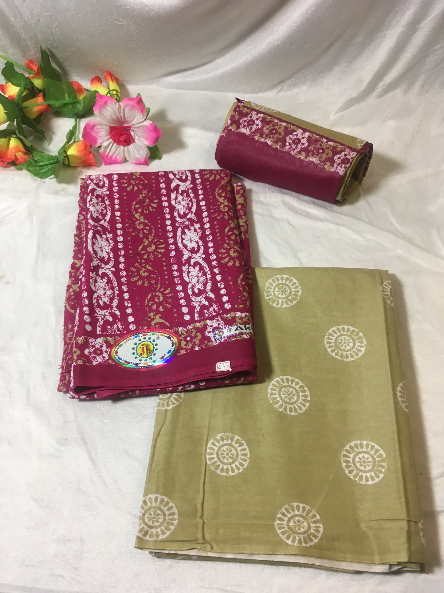 Olive Green and Pink Pure Cotton Dress Material