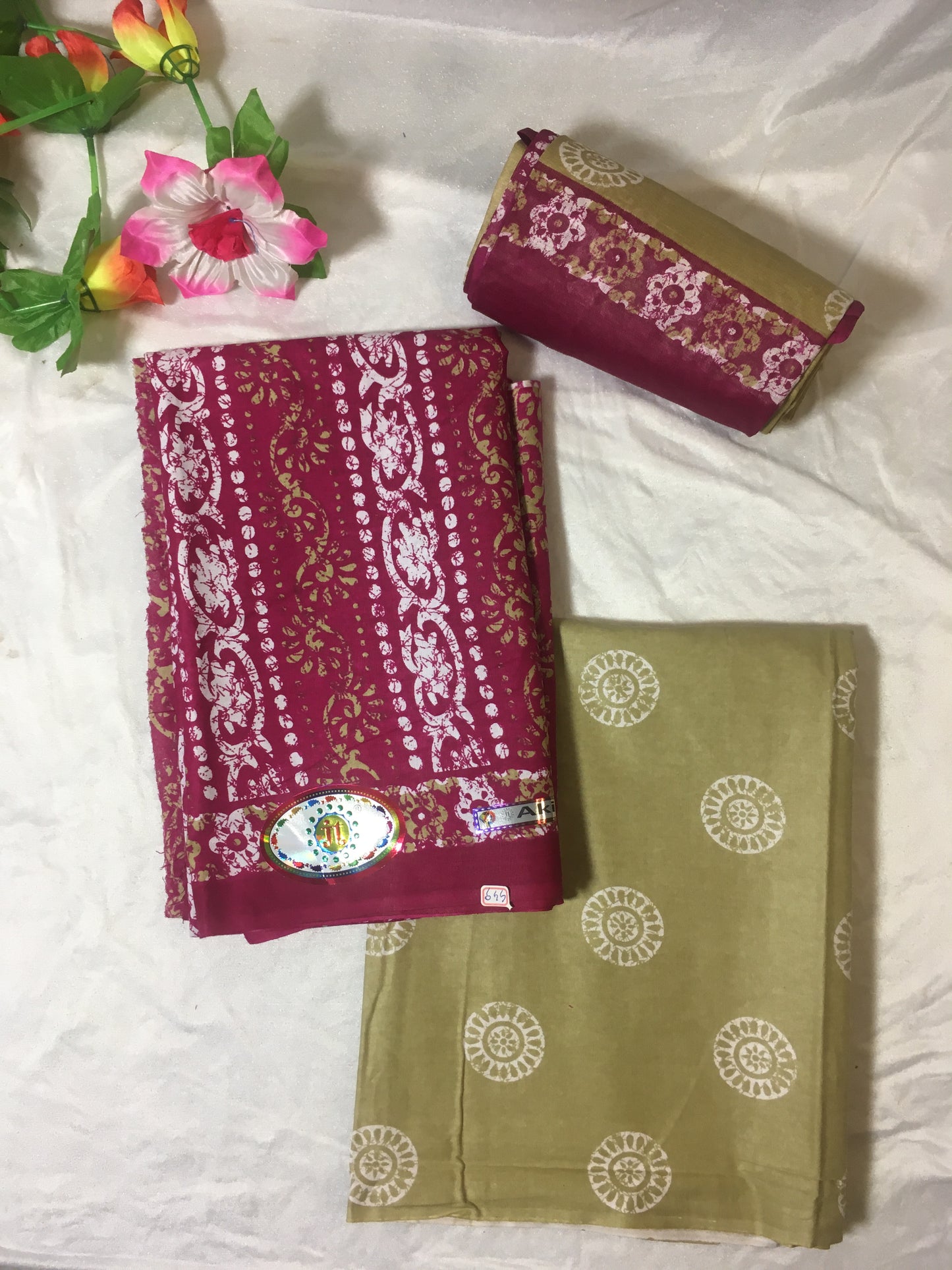 Olive Green and Pink Pure Cotton Dress Material