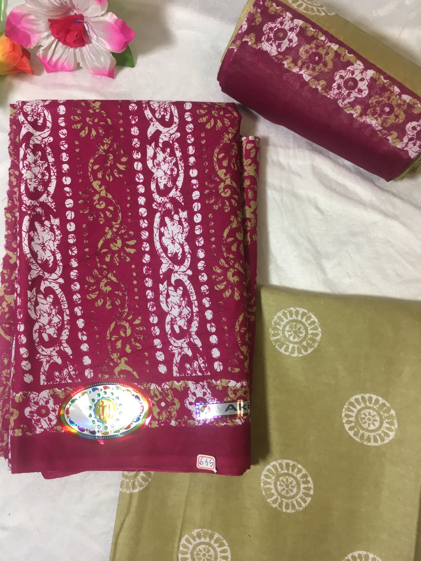 Olive Green and Pink Pure Cotton Dress Material