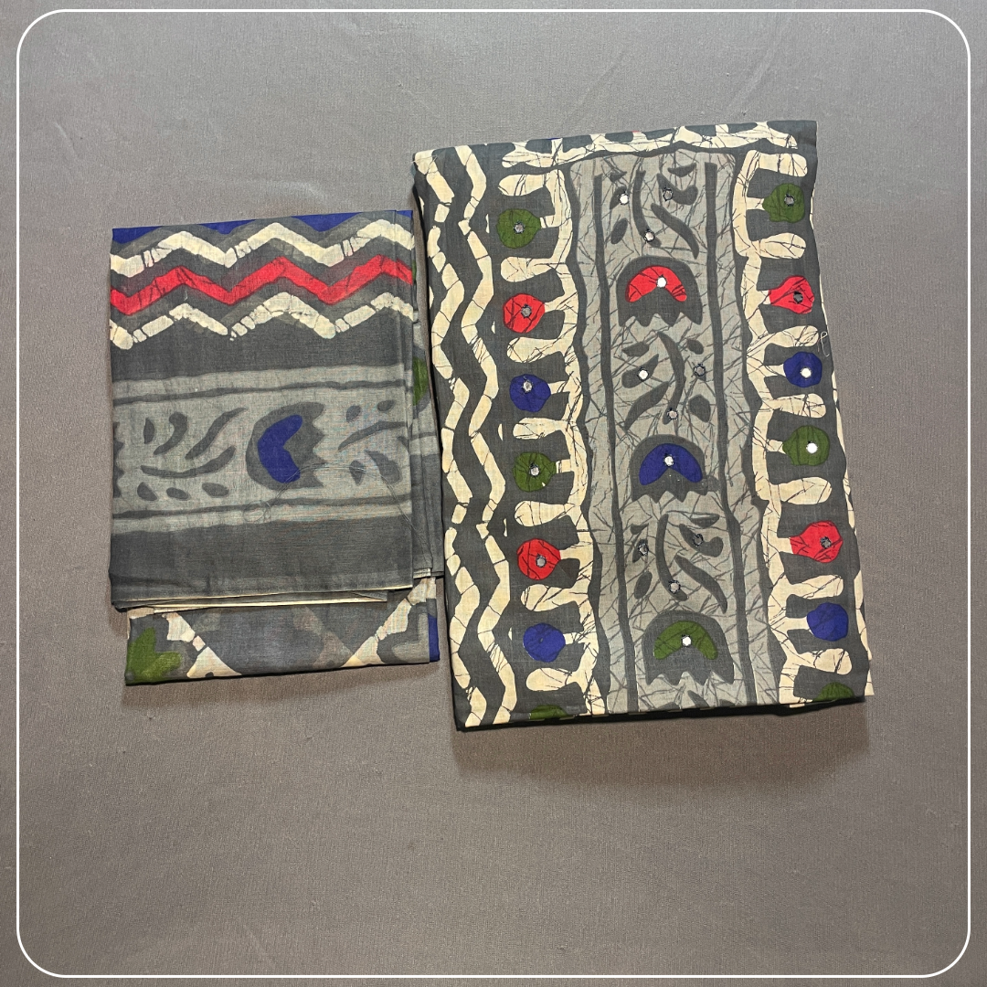 Grey Cotton Body Mirror Work with all over Bhandini Print