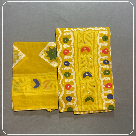 Yellow Cotton Body Mirror Work with all over Bhandini Print
