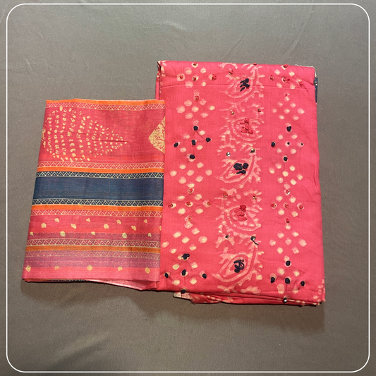 Pink Cotton Body Mirror Work with all over Bhandini Print