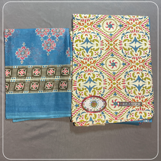 Pure Cotton Cream and Blue Printed Cotton with Kalamkari Prints Dress Material