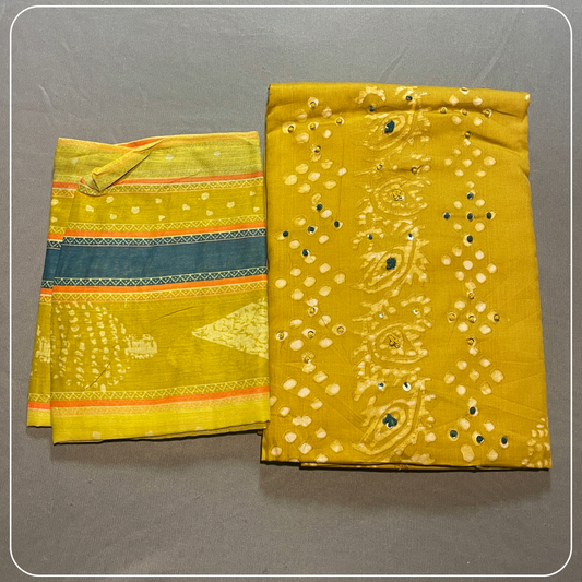 Mustard Cotton Body Mirror Work with all over Bhandini Print