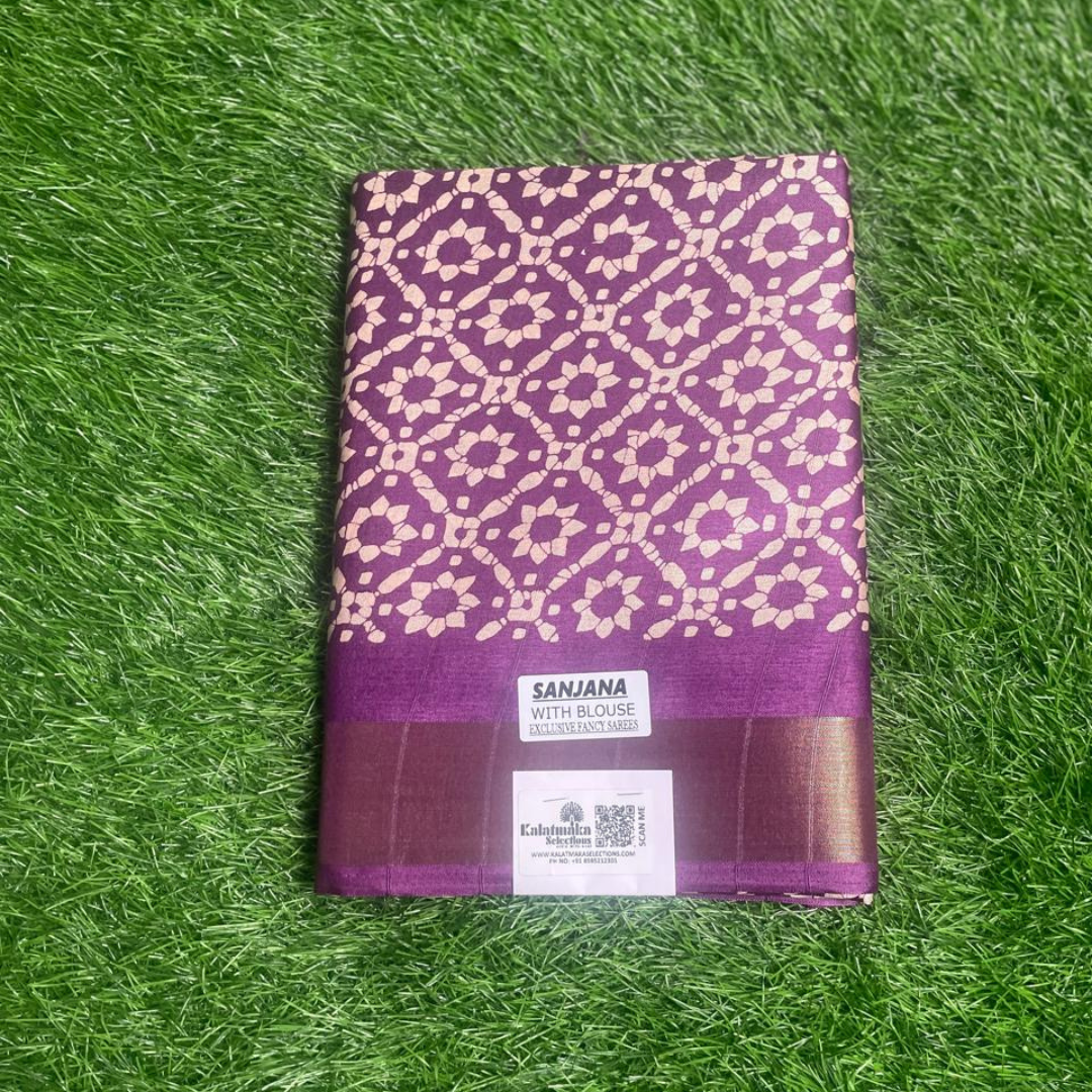 Purple Printed Fancy Saree with Golden Border