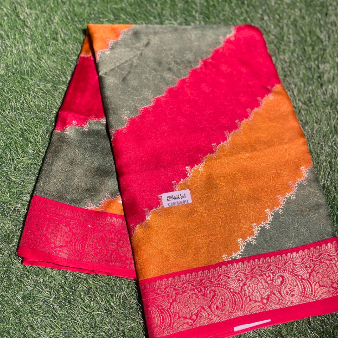 Multi Color Akhanda Silk Saree with Rich Silver Border