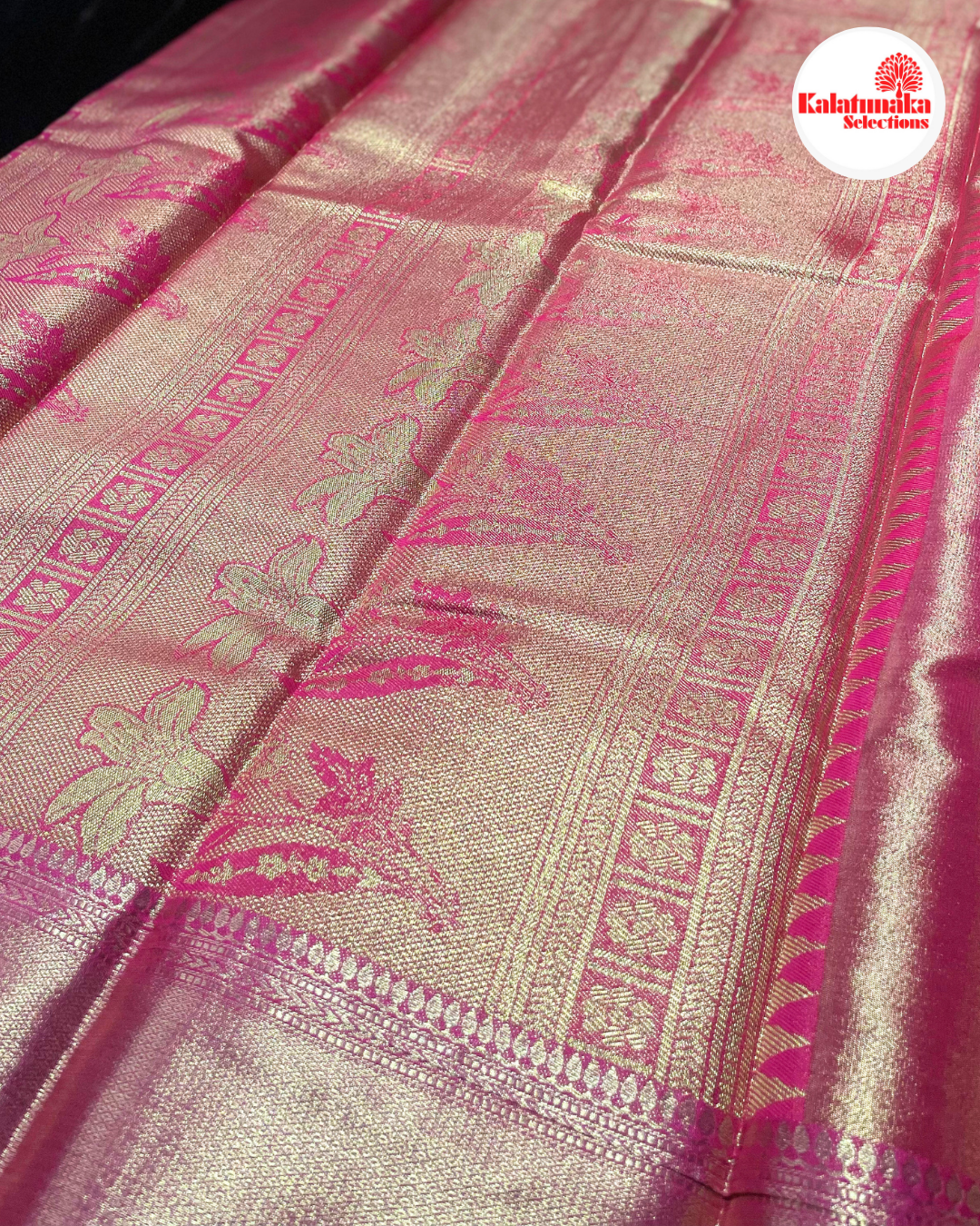Mustard Kanchi Pattu Saree with Pink Peacock Border & Multicolor Bird Design