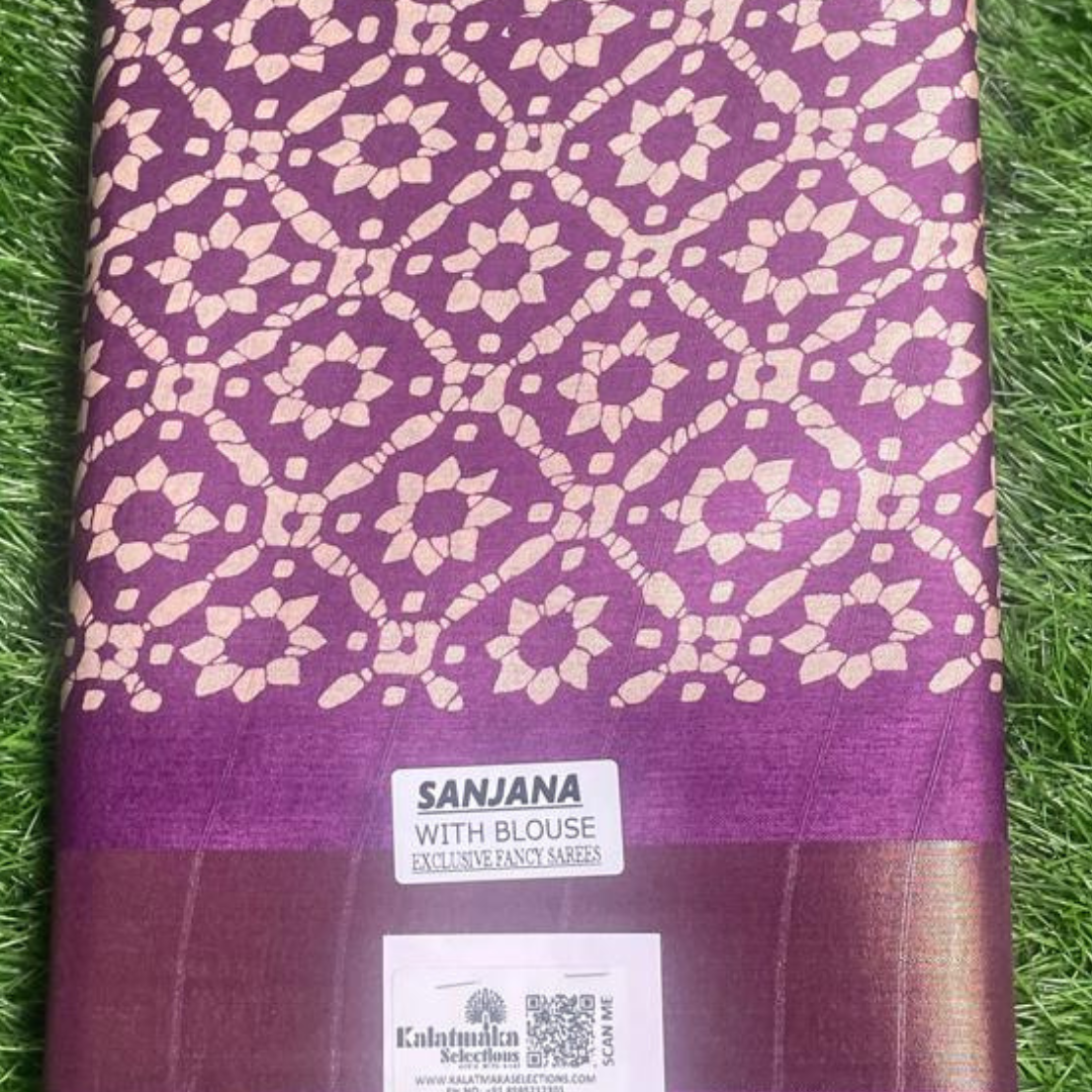 Purple Printed Fancy Saree with Golden Border