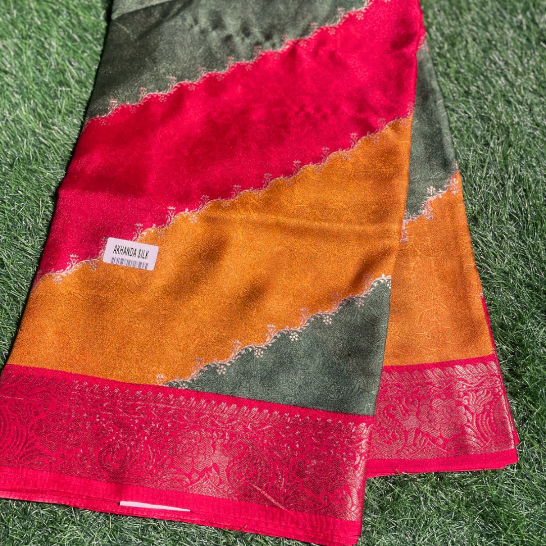 Multi Color Akhanda Silk Saree with Rich Silver Border