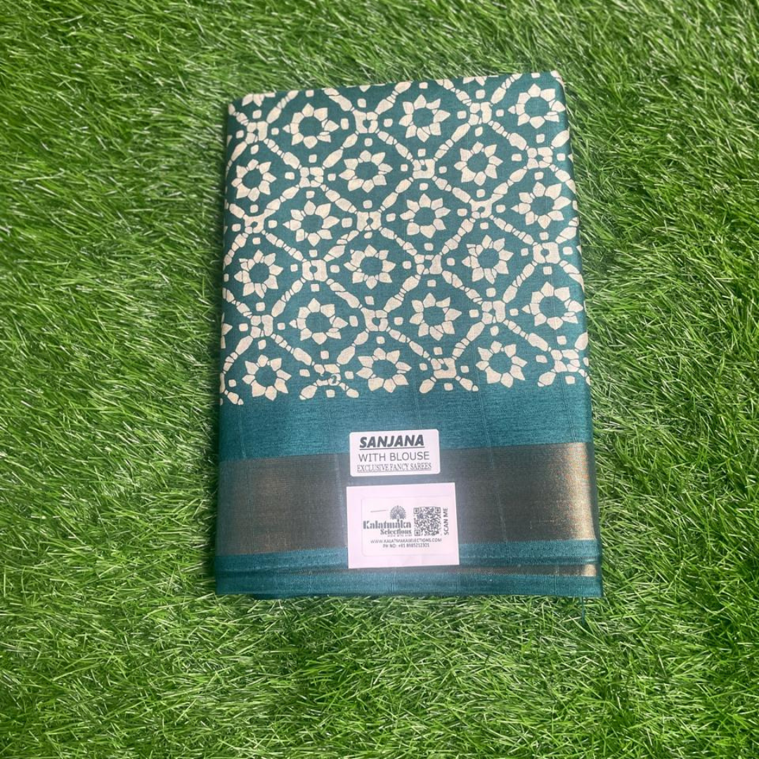 Glass Blue Printed Fancy Saree with Golden Border