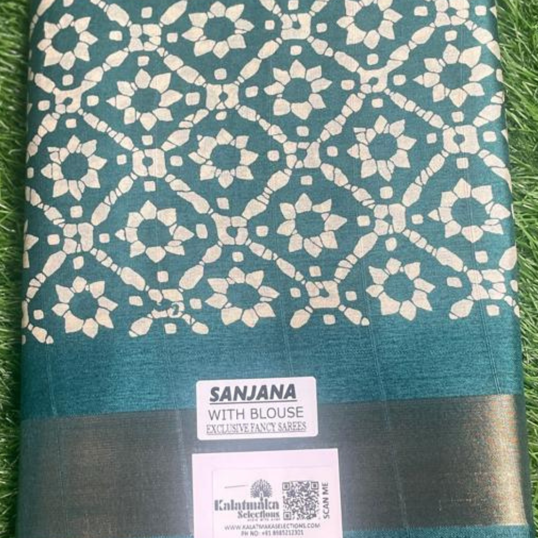 Glass Blue Printed Fancy Saree with Golden Border