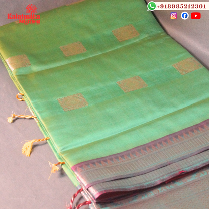 Green Uppada Soft Pattu Saree with all over Boota Design and Purple Mix Border with Tussels