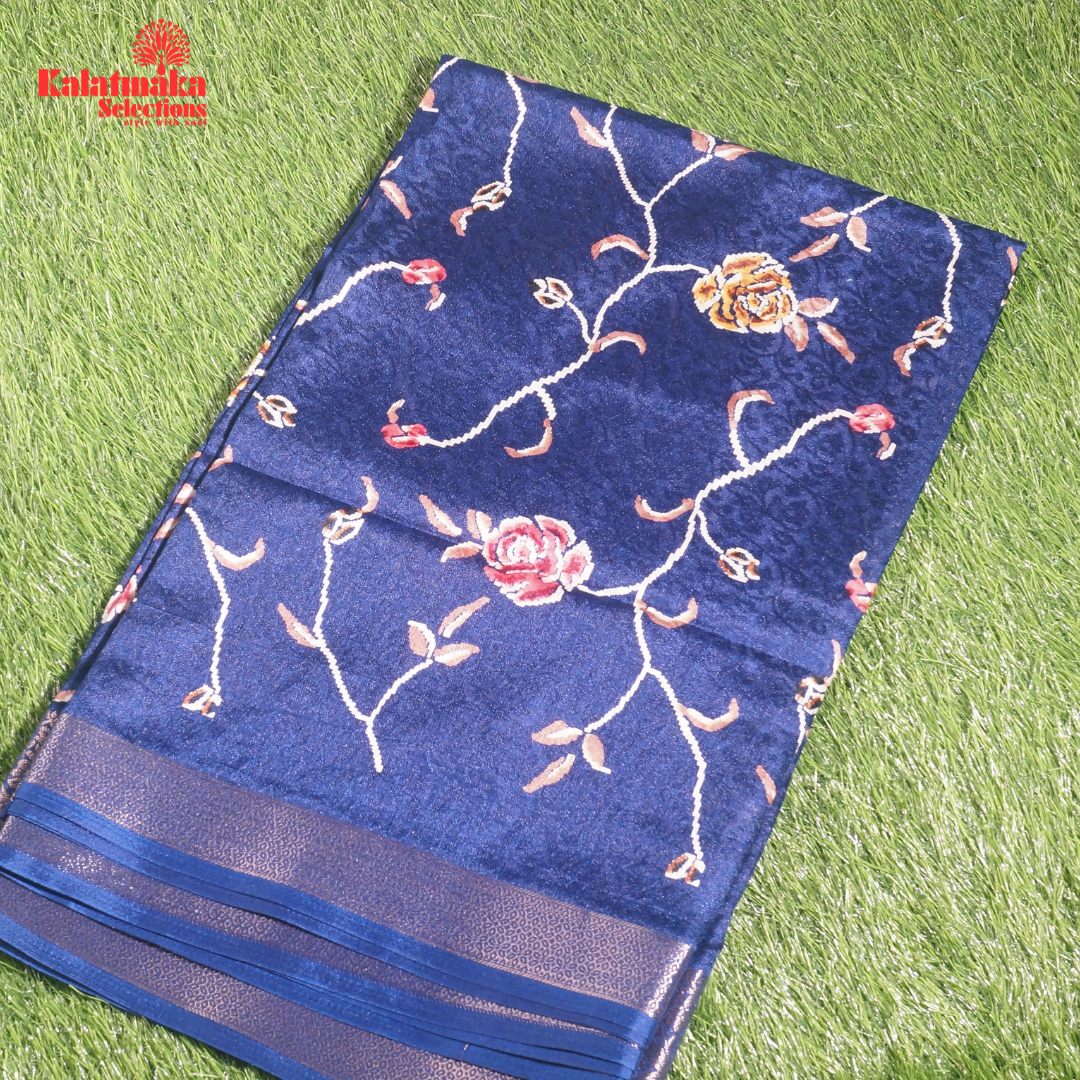 Dark Blue Printed Zakkard Silk Saree