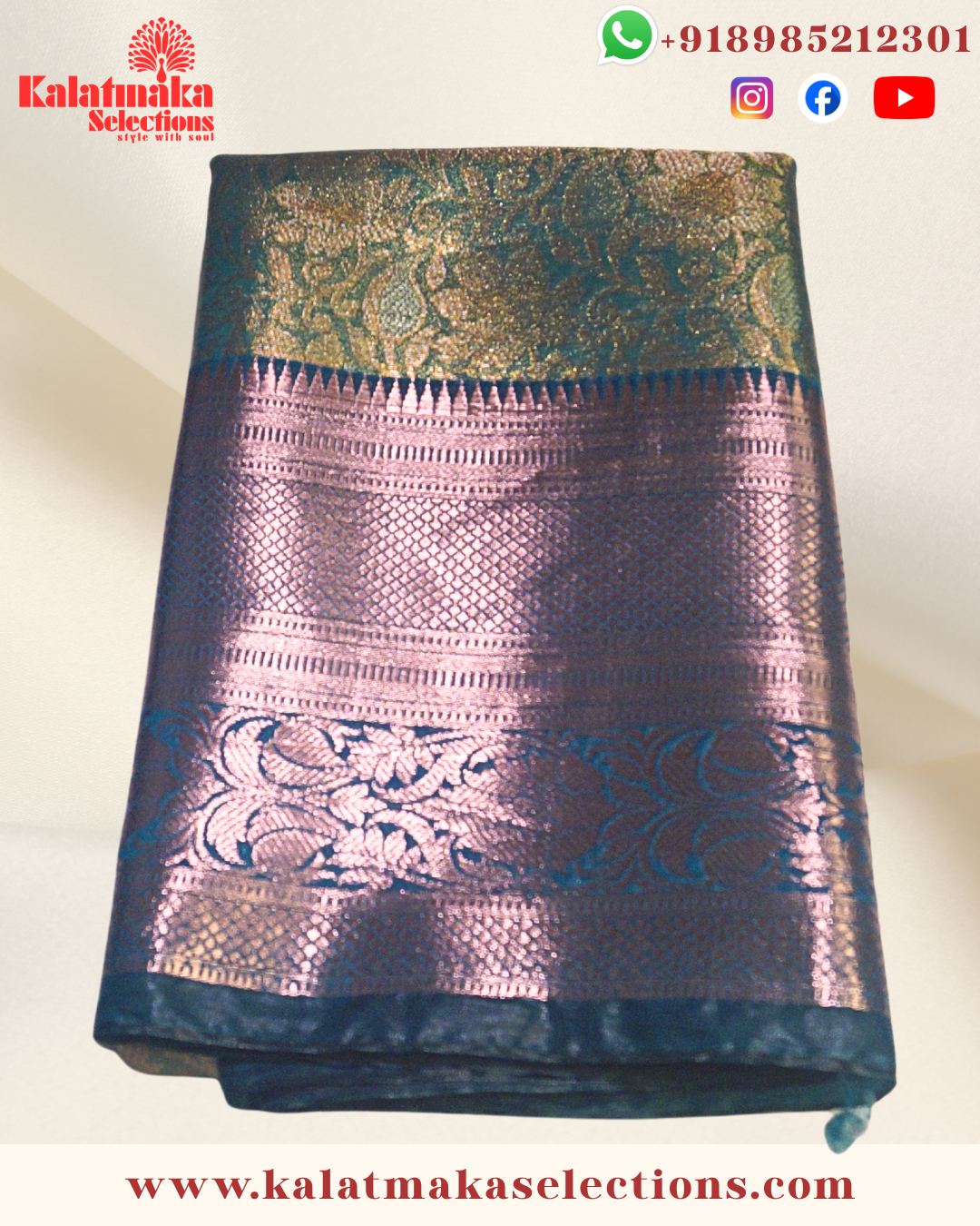 Green Kanchipattu Saree with All Over Golden Zari and Copper Border with Blouse