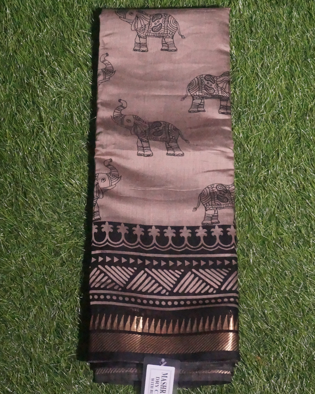 Black and Brown Mashru Silk Saree with Golden Temple Border